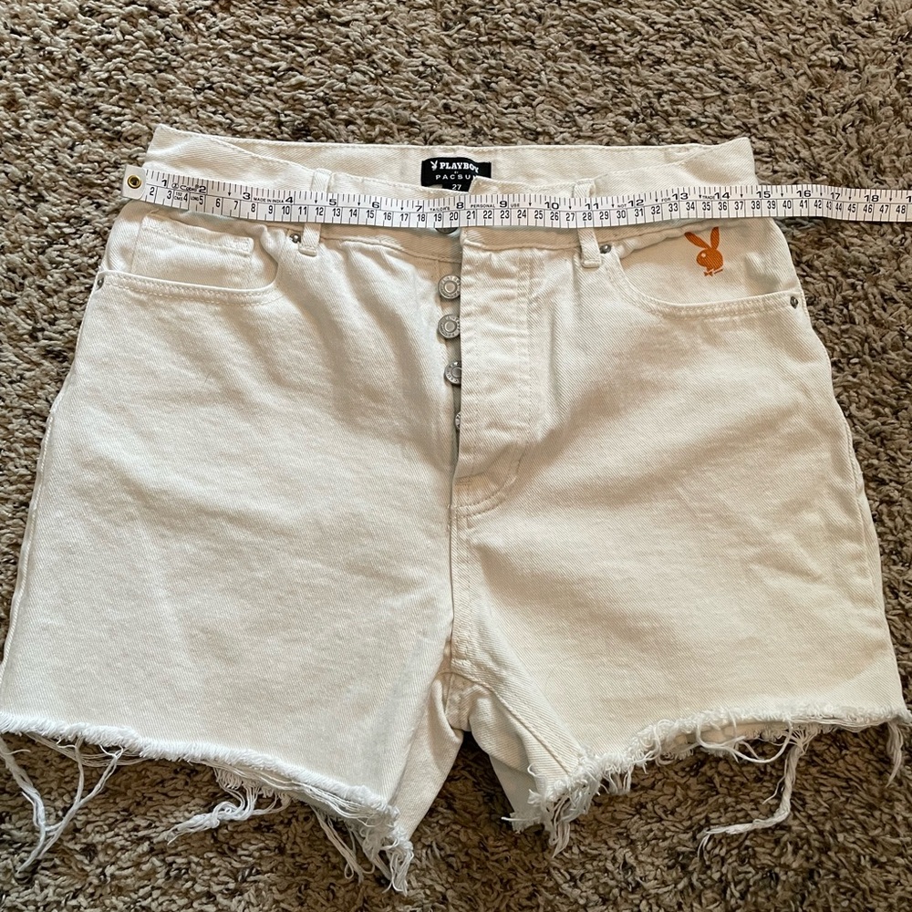 PLAYBOY Cream Jean Shorts with Frayed Hem